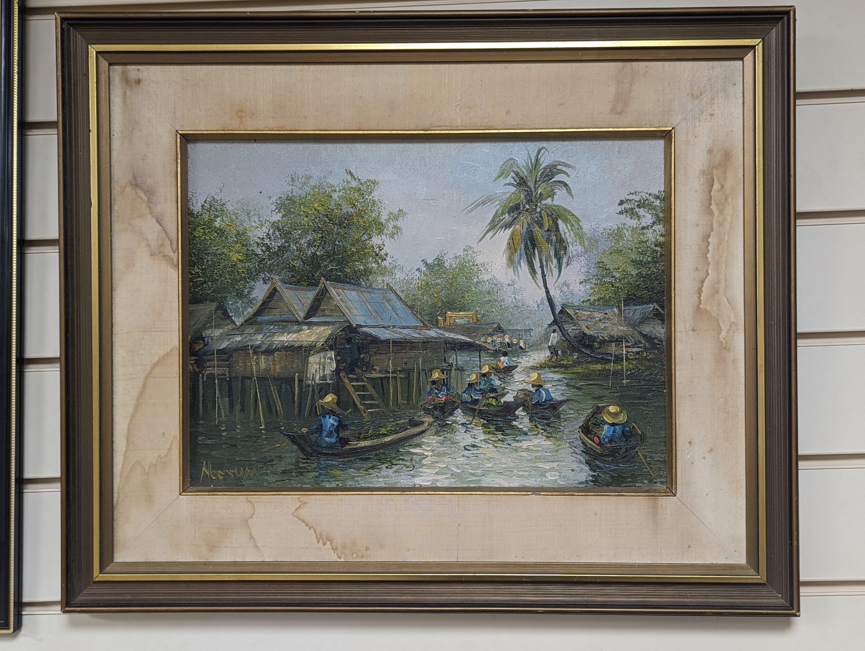 Nogsuan (b.1941), oil on canvas, Malaysian floating market, signed, 28 x 38cm